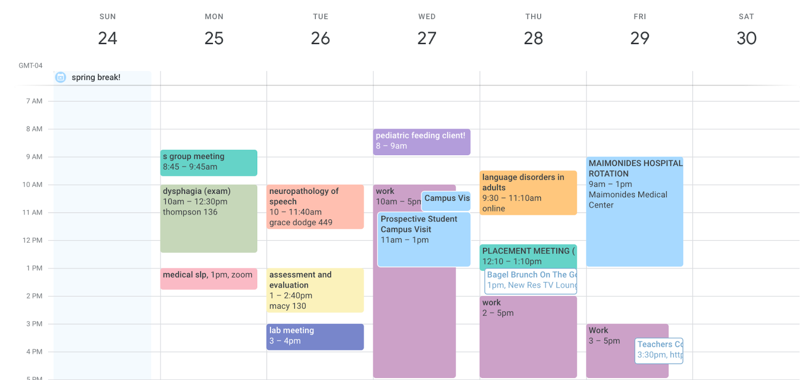 Weekly Schedule of a First-Year Communication & Sciences Disorders Student